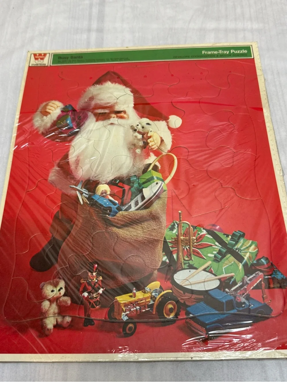 Vintage 1972 Busy Santa Whitman Tray Frame Puzzle 12 Piece #4528 USA Cello Wrap